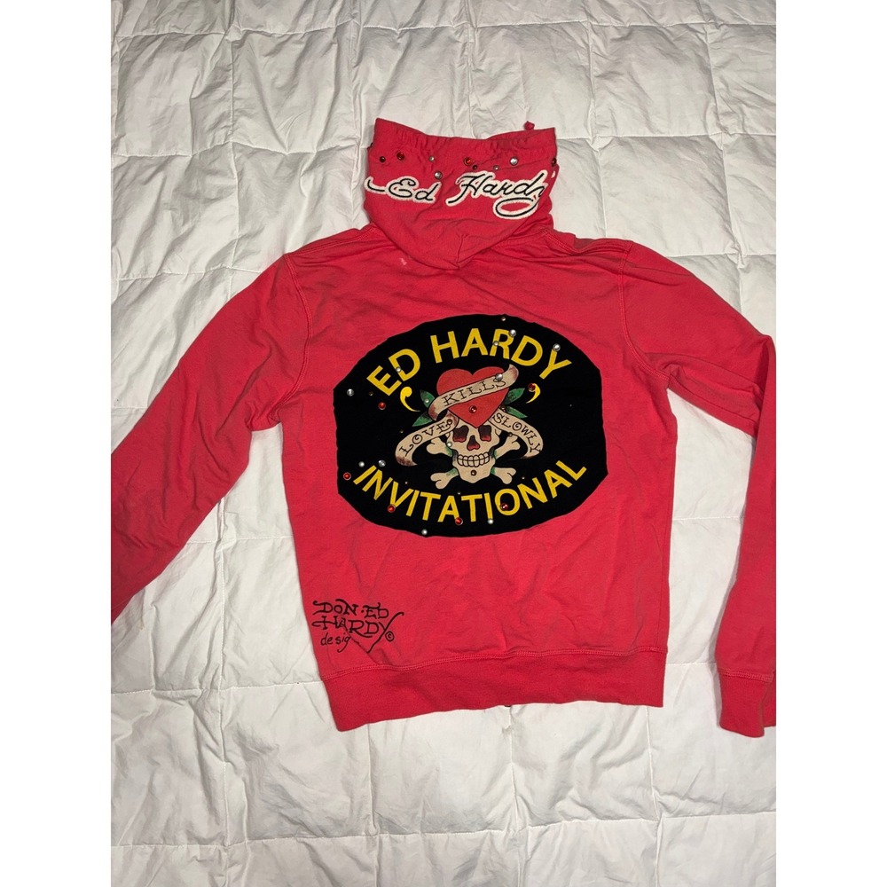Ed Hardy Invitational Red Zip Up Hoodie Studded Love Kills Slowly Y2K Large